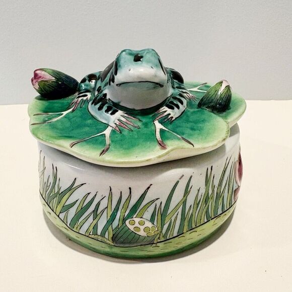 VTG Frog Lily Pad Trinket Box Ceramic Lotus Flower - Picture 4 of 10